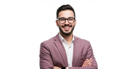 Confident young businessman in formal suit with eyeglasses posing in studio with arms crossed and bright white background