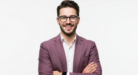 Confident young businessman in formal suit with eyeglasses posing in studio with arms crossed and bright white background