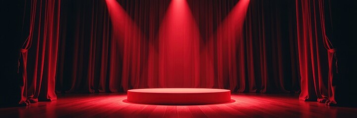 Dramatic red spotlight illuminates an empty stage podium, ready for a theatrical performance. Velvet curtains frame the scene, creating an atmosphere of antici, stage, platform, show stage