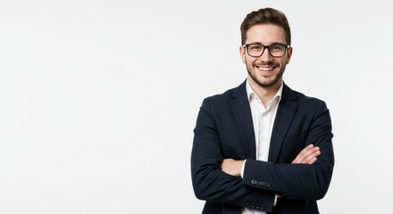 Confident young businessman in formal suit with eyeglasses posing in studio with arms crossed and bright white background