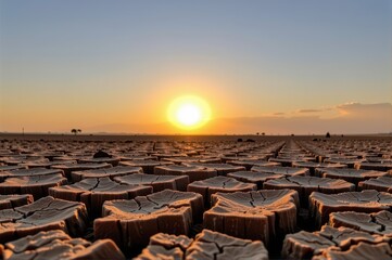 Dry, cracked earth under a setting sun in a barren field. The intense heat of the day has left the ground parched and lifeless, autumn, scorched earth, arid