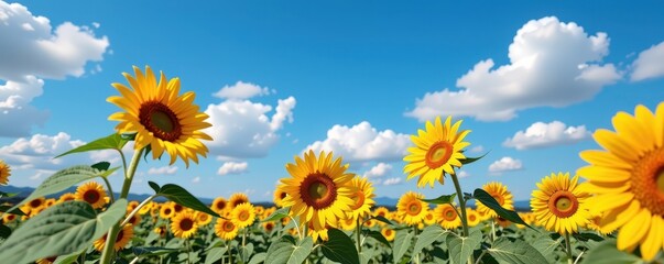 Endless field of sunflowers swaying in a gentle breeze beneath a vibrant blue sky dotted with fluffy white clouds, image, nature, calm