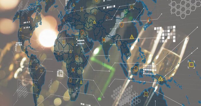 Warm light revealing wine glass fading into world map markers popping and network connecting nodes