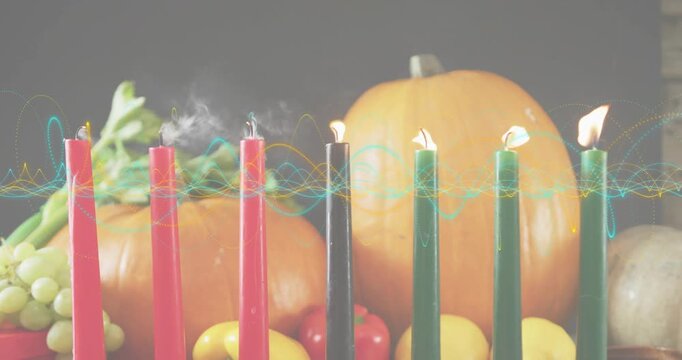7 candles being hit by air causing sequential flame extinguishing and smoke visualizing waveform