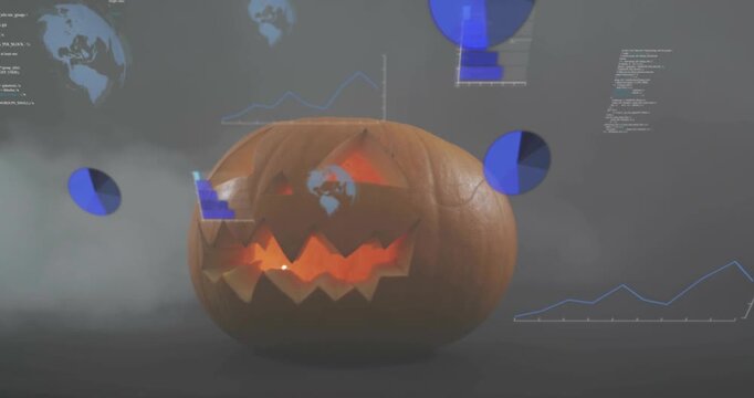 As camera framing pumpkin, data charts materializing around rotating globe, code showing analytics