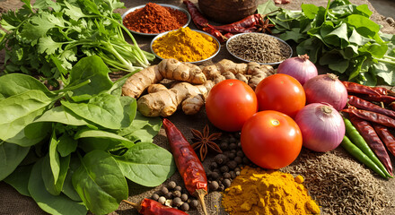vegetables and herbs on a wooden table