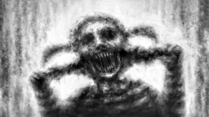 Scary mutant demon laughs. Angry undead screams. Spooky illustration in dark fantasy genre. Creepy zombie apocalypse.
