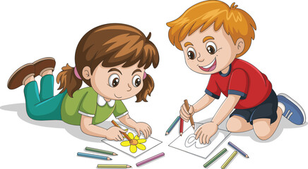 Cartoon kids drawing and coloring with crayons on paper, happy boy and girl doing art activity, creative children illustration