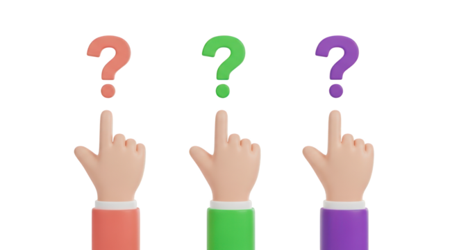 Three cartoon hands pointing at question marks isolated on a transparent background image
