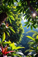 Lush green canopy, vibrant flora, dense vegetation, sunlight filtering through leaves, exotic plants, humid atmosphere, biodiversity hotspot, trees, leaves