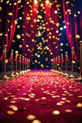 Luxurious red carpet strewn with shimmering gold confetti, perfect for awards ceremonies or celebratory events, design, luxury