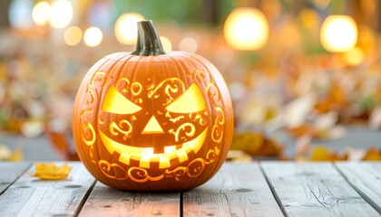 Glowing, carved pumpkin with intricate designs on weathered wood, fall background