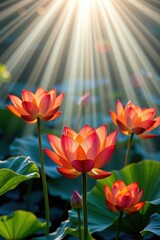 Radiant orange lotus flower blossoms, bathed in ethereal sunlight, radiating light and energy, rays, energy