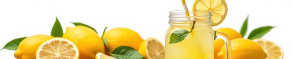 Refreshing homemade lemonade in a mason jar with fresh lemons and a straw, isolated on white, ice, healthy
