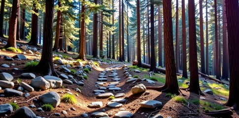 Rugged rocky trail winds through a dense pine forest, sunlight dappling the ground. Shadows stretch long between ancient trees, coniferous forest, path