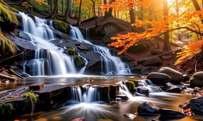 Rustic waterfall cascades down moss-covered rocks, surrounded by vibrant autumn foliage of fiery reds, oranges, and golden yellows. Sunlight filters through th, autumn, foliage