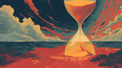 Hourglass with flowing sand against dramatic sunset background  
