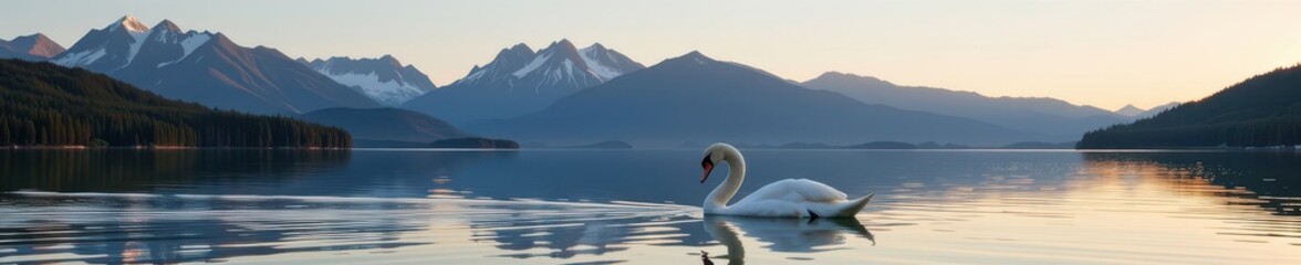 Serene white swan glides effortlessly across tranquil lake, majestic mountains forming a breathtaking backdrop, animal, stillness, tranquility