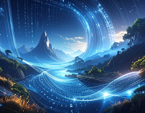 Serene landscape with digital swirls and binary code - Powered by Adobe