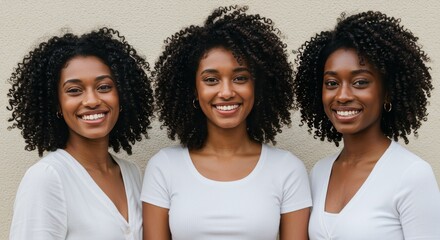 Beautiful Young Women with Curly Hairstyles Smiling in Close Up Outdoor Portrait Wearing White Outfits Against Neutral Wall Background in Natural Dayligh
