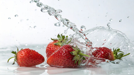 Radiant red strawberries, cut interior shown, swirl energetically in splash with bubbles on reflective white.