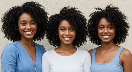 Beautiful Young Women with Curly Hairstyles Smiling in Close Up Outdoor Portrait Wearing White Outfits Against Neutral Wall Background in Natural Dayligh