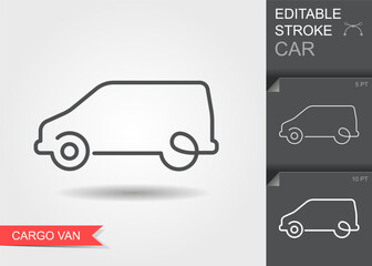 Minimal linear vector icon of a cargo van silhouette with editable stroke, outline style, contour design and soft shadow. Perfect for automotive graphics, delivery transport icons, infographics