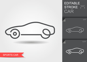 Minimal linear vector icon of a sports car silhouette with editable stroke and contour design. Perfect for automotive, racing, transport, travel, infographic, web, apps, signs, and graphic design 