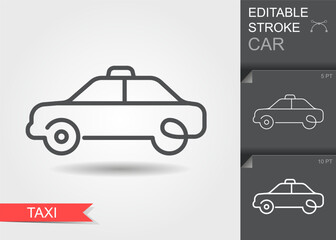 Minimal linear vector icon of a taxi car silhouette with editable stroke and contour design. Ideal for transport, travel, city service, infographic, web, mobile apps, navigation maps, signs