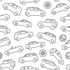 Seamless vector background with linear car silhouettes, including hatchback, sedan, SUV, van, cabriolet, and wheels. Minimal outline style, editable stroke, perfect for automotive design, wallpaper, w