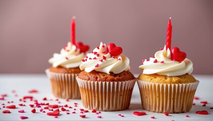 Three delicious cupcakes with white frosting, red candles, and heart decorations. Perfect for Valentine's Day or a romantic celebration, pastry, red candles, heartshaped