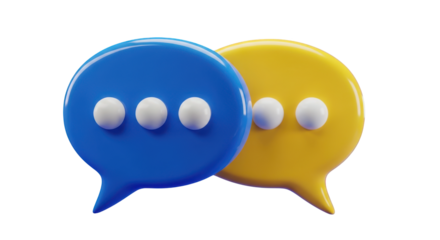 Two 3D Speech Bubbles Blue Yellow White Dots isolated on a transparent background chat communication