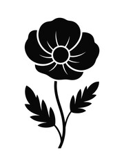 Black silhouette of a poppy flower with leaves and stem