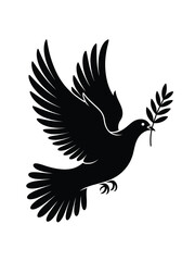 Black silhouette of a dove flying with an olive branch