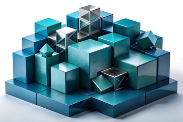 Obraz premium Abstract arrangement of glossy teal and metallic cubes and geometric shapes creating a modern futuristic and artistic composition