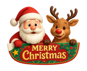 Naklejka premium Cartoon Santa Claus and reindeer peeking over a banner.