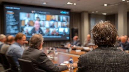 Business Professionals Engaged in Virtual Conference Meeting with Video Screen Displaying Participants in Modern Conference Room