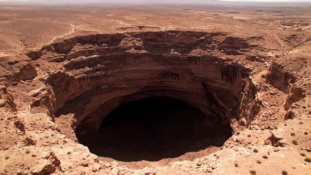 Aerial perspective of a sprawling desert terrain with a colossal, sunken sinkhole as the focal point. The camera glides closer to the immense natural crater