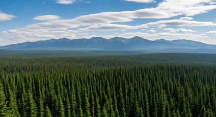 Obraz premium Vast evergreen forest below majestic mountain range under cloudy sky