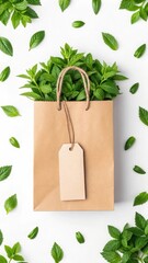 Fresh mint leaves in a brown paper bag isolated on white background, showcasing natural and organic goodness