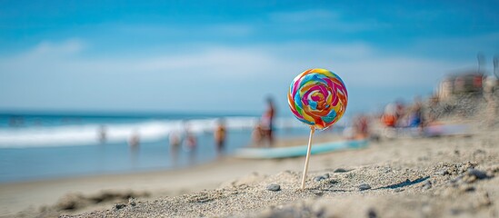 Colorful lollipop on a sandy beach.  Ocean view