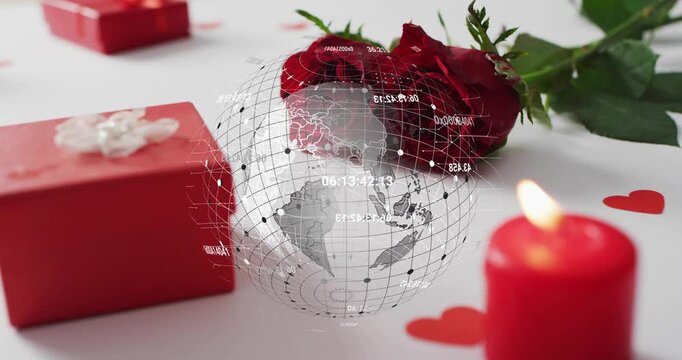 Wireframe globe appearing above gift box and rose rotating while visualizing numeric data flow