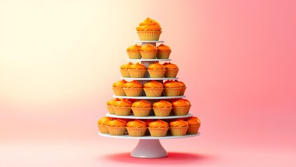 legant cupcake tower with vibrant orange icing against soft gradient backdrop

