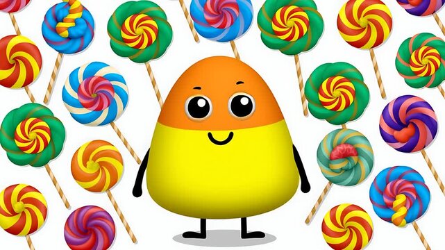 Happy Cartoon Candy Corn Character Surrounded by Colorful Swirl Lollipops on White Background