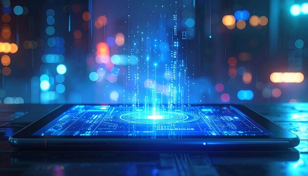 A digital tablet displays intricate, glowing circuit-board patterns, overlaid with vibrant blue light effects, against a backdrop of out-of-focus city lights.