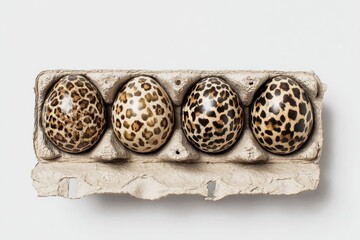 Four leopard-print eggs in a cardboard carton