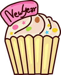 Cupcake with Happy New Year Text for New Year party celebration and festive holiday icon decoration
