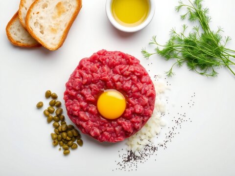 Raw beef steak tartare with egg yolk and ingredients for serving - Powered by Adobe