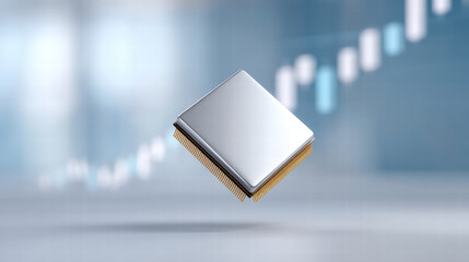 Hyperrealistic AI chip floating midair, futuristic technology, IoT, smart home, innovation, digital, blue background