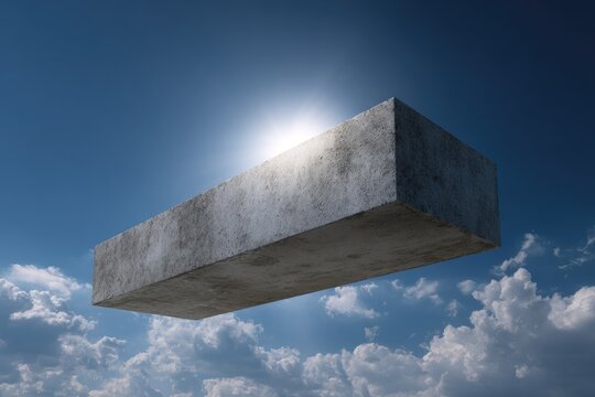 A large, gray concrete-like rectangular prism floats in a partly cloudy sky, bathed in sunlight - Powered by Adobe